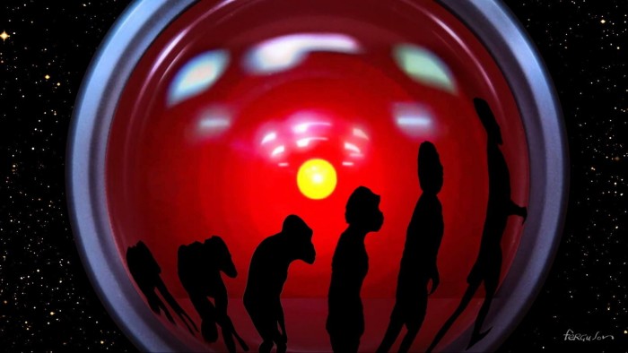 James Ferguson illustration of HAL computer with ascent of man figures.