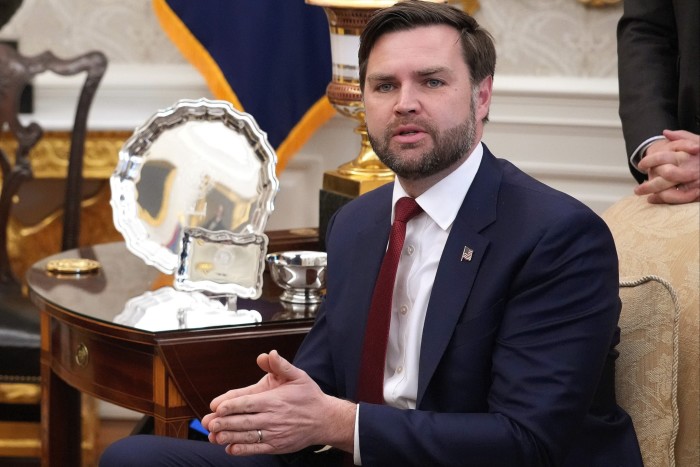 JD Vance speaks during a meeting with President Donald Trump and Ukrainian President Volodymyr Zelensky