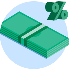 Cash with a green percentage sign on the top-right corner.