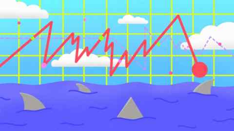 Illustration of sharks swimming in the sea with a line chart in the sky above ending with a decline