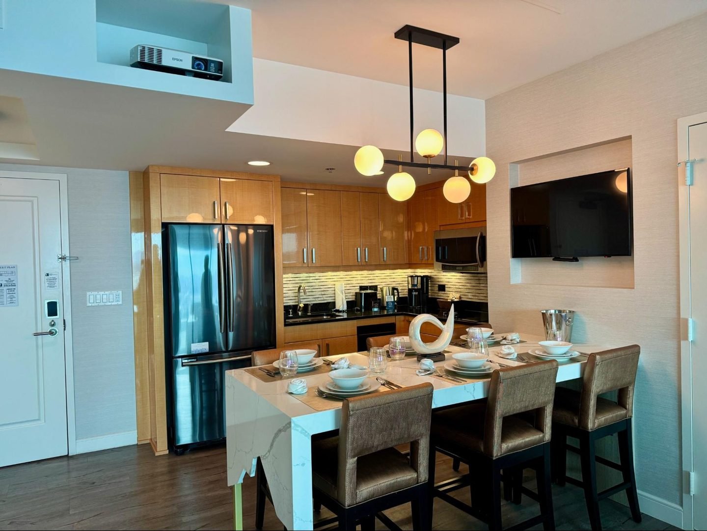 The kitchen at the Hilton Grand Vacations Club Elara Center Strip Las Vegas.