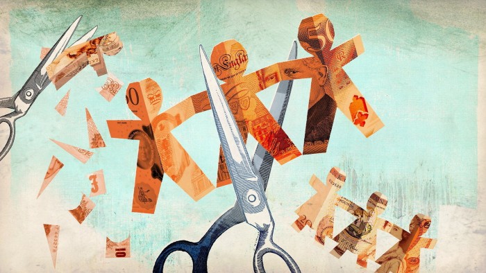 Jonathan McHugh illustration of scissors cutting paper people collage out of pound notes