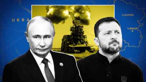 A montage of the images of Vladimir Putin, Volodymyr Zelenskyy and an anti-missile system