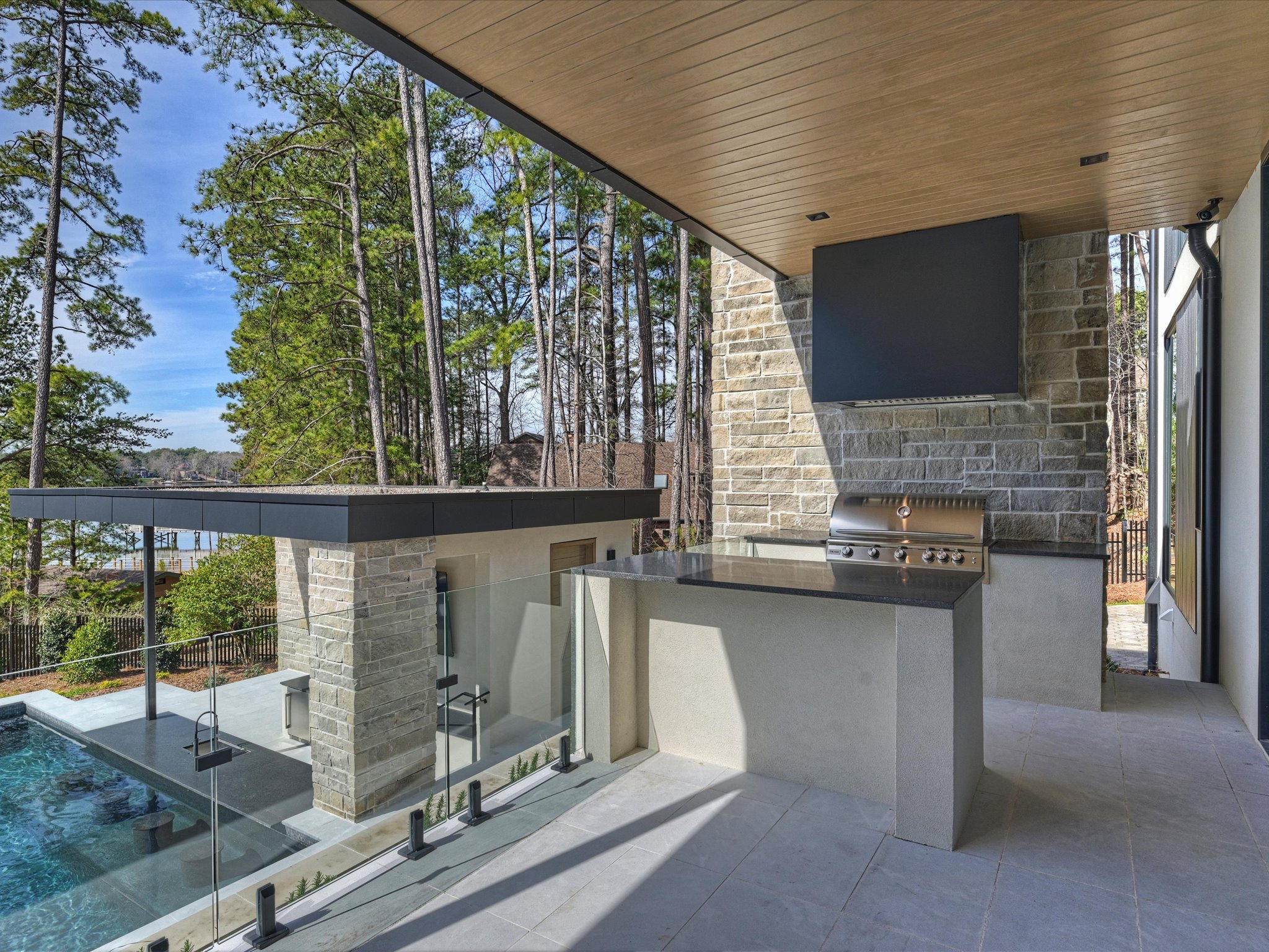 Outdoor kitchen in house overlooking Lake Norman