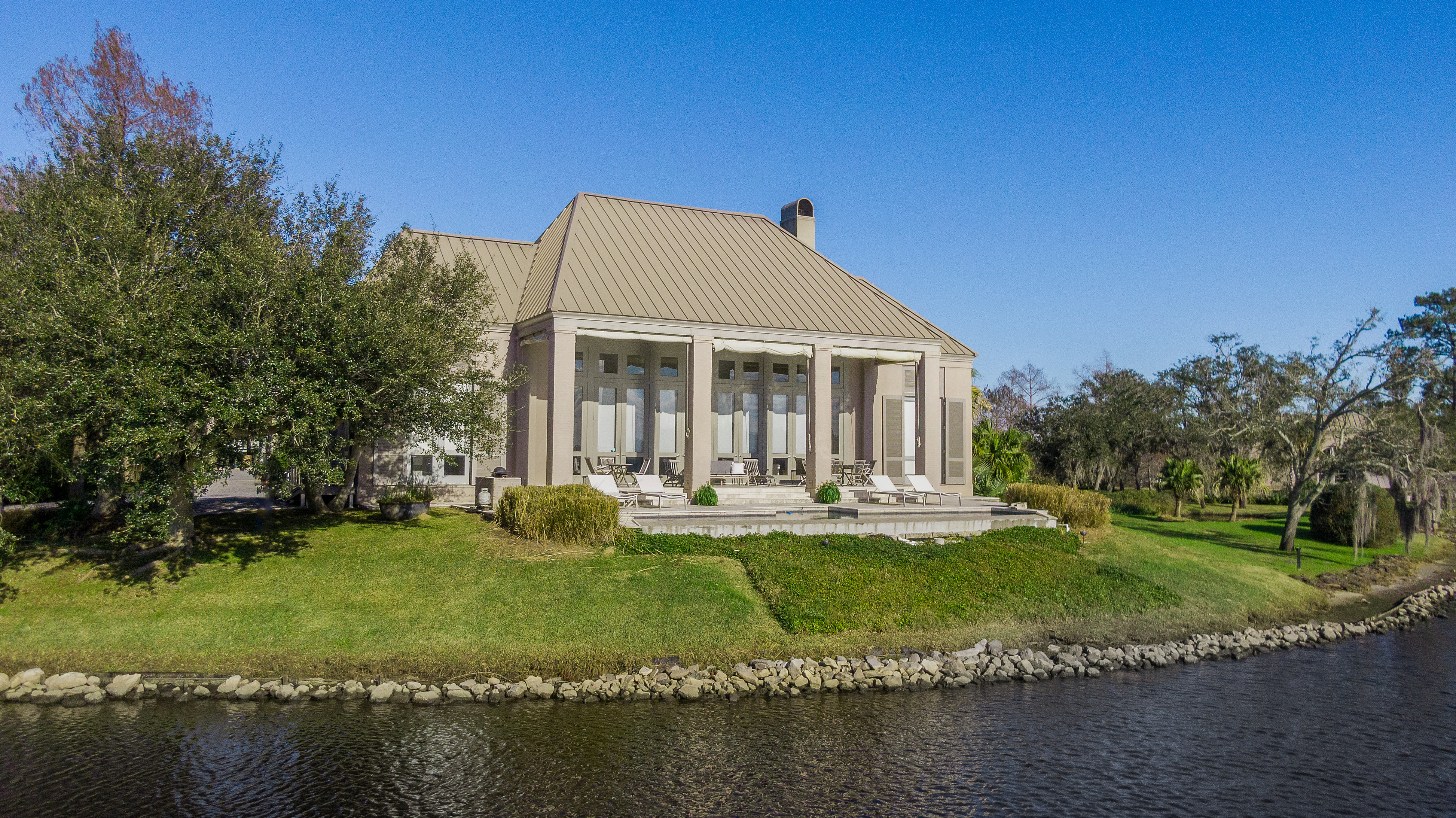 Exterior of luxury lakeside home, Louisiana