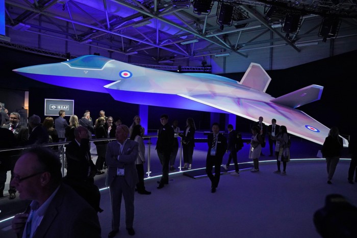 A lifesize scale model of the Global Combat Air Programme (GCAP) stealth fighter
