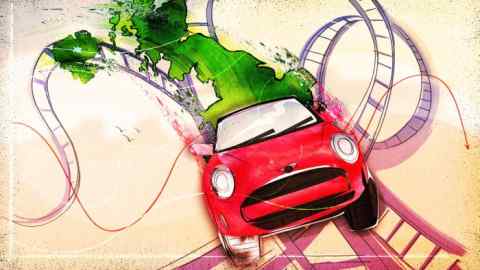 Ann Kiernan illustration of a rollercoaster graph, with a mini cooper car filled with British produce