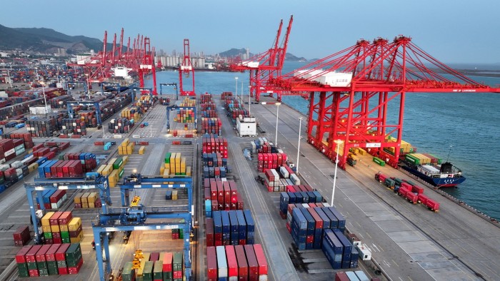 Containers and cranes at the container port in Lianyungang in eastern China’s Jiangsu province