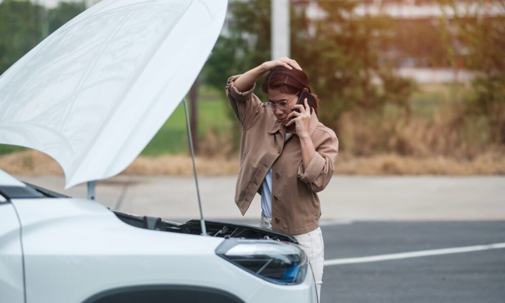 Person looking at car with open hood.