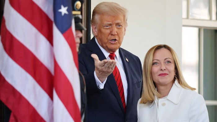 US President Donald Trump greets Italian Prime Minister Giorgia Meloni outside the West Wing of the White House on Thursday