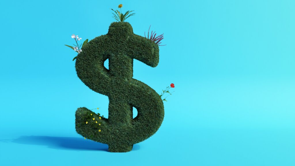 A dollar sign covered with grass and sprouting plants.