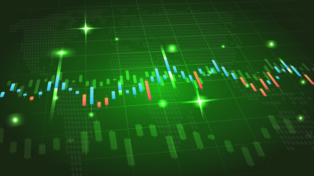 stocks higher green blue red candlesticks