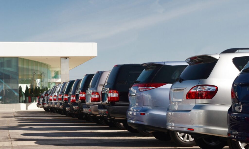Vehicles lined up at dealership