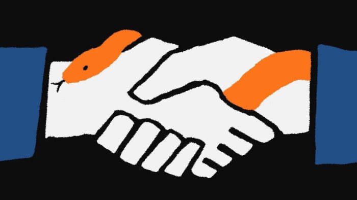 Ben Hickey illustration of a snake wrapped around two hands shaking each other