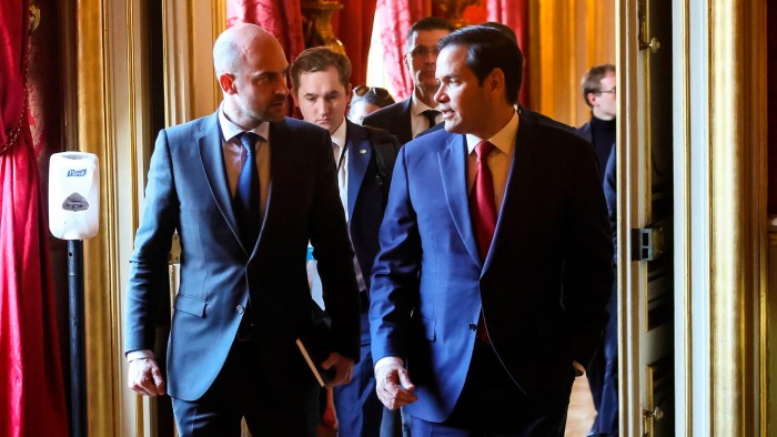 Jean-Noël Barrot and Marco Rubio walk together after a meeting in Paris