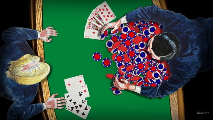 James Ferguson illustration of Trump and Xi playing poker. China holds all the best cards on the poker table representing the trade war.