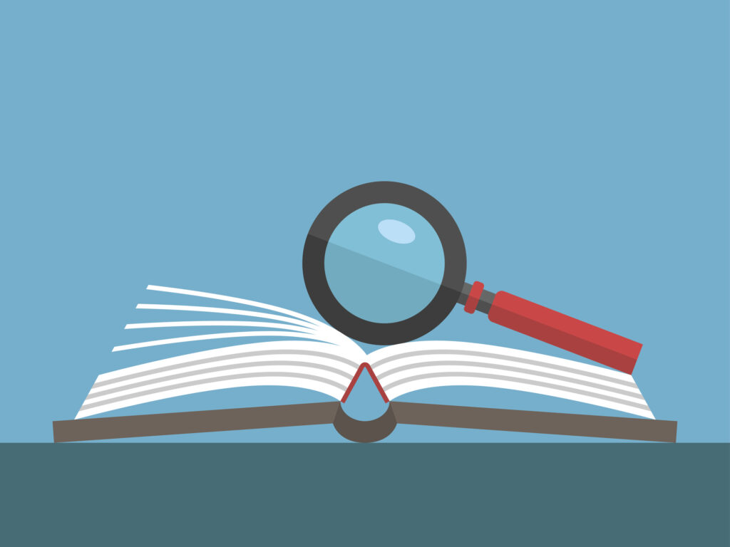 Magnifying glass on open book lying on table on blue background. Education, reading, knowledge and search concept. Flat design. Vector illustration. EPS 8, no transparency.