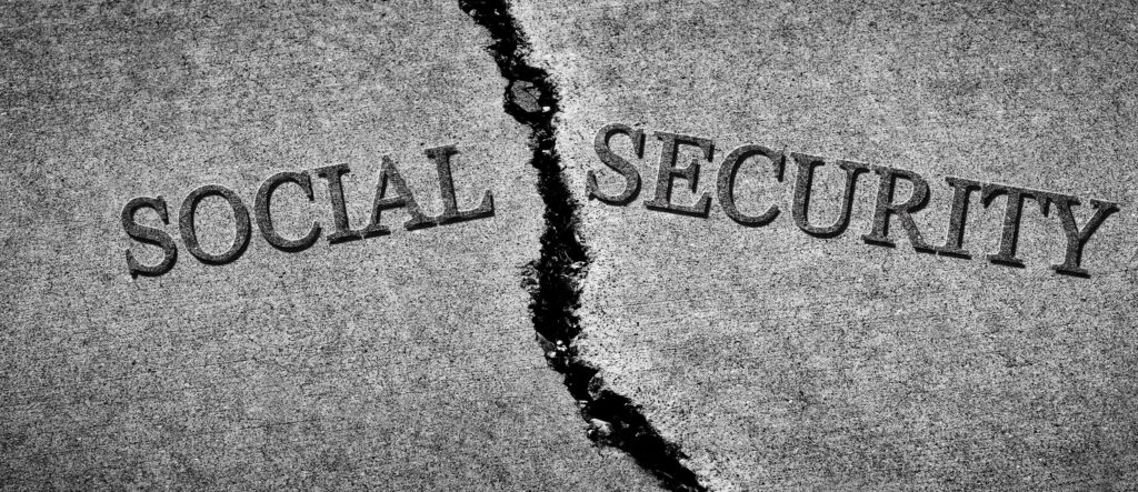 Old cracked sidewalk broken and dangerous cement Social Security savings depleted crisis broken system