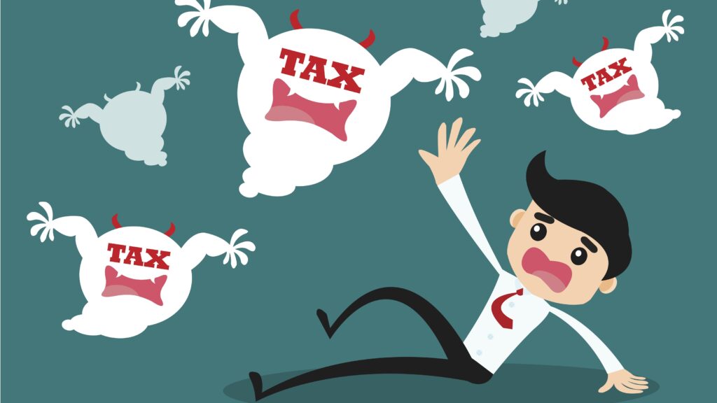 Animated tax monsters hover over a distressed-looking man.