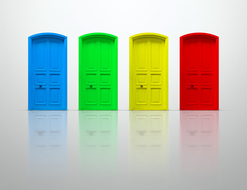Four multi-colored doors on gray background, representing four futures.