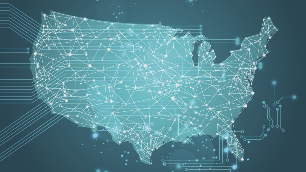 Map of the United States showing AI electronic dots and lines cross-crossing the states.