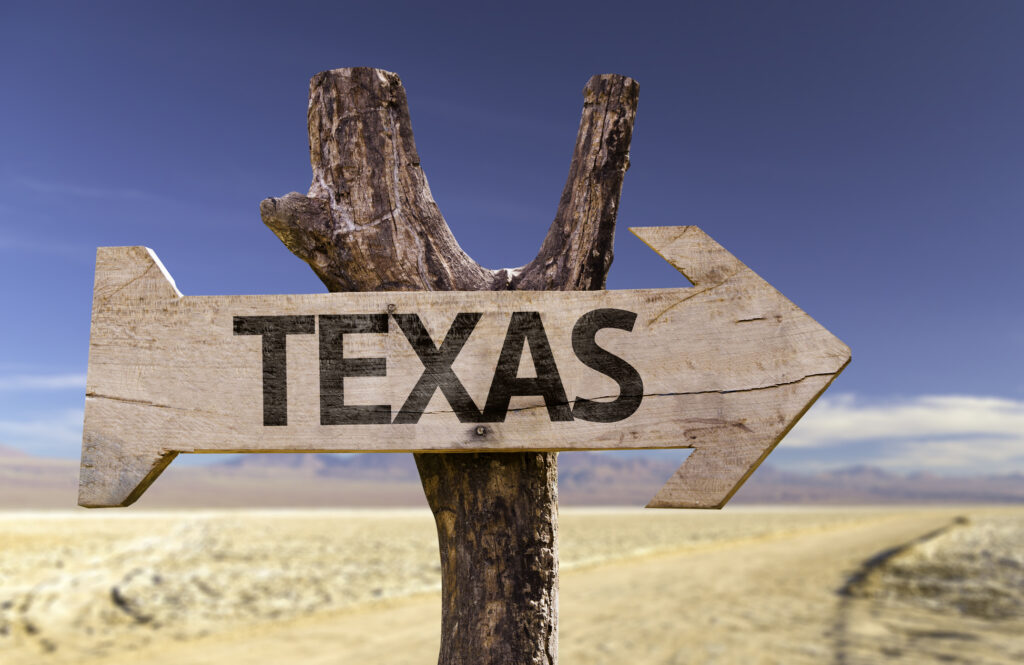 Wooden arrow sign that reads "Texas" against a desert backdrop