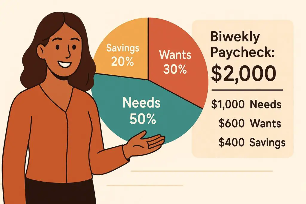 How To Save Money Biweekly 3 Woman standing beside pie chart showing 50% needs, 30% wants, 20% savings with $2,000 biweekly paycheck breakdown example