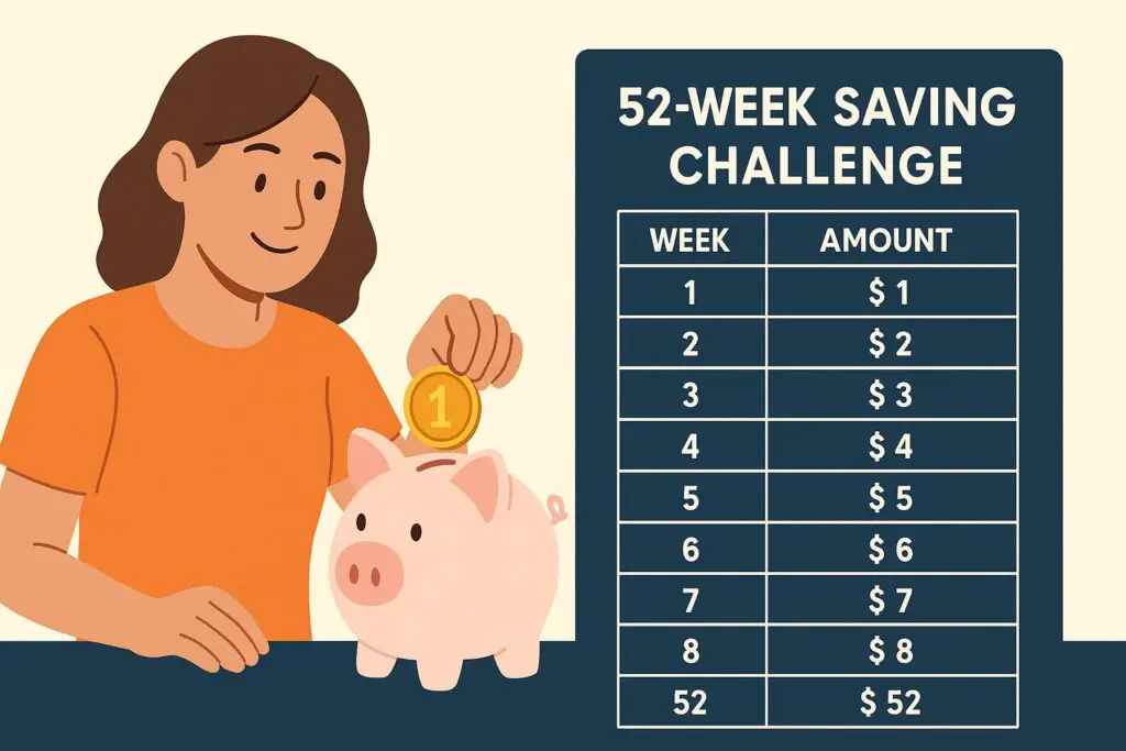 How To Save Money Biweekly 2 Woman placing gold coin into pink piggy bank next to table showing 52-week challenge with weekly amounts from $1 to $52