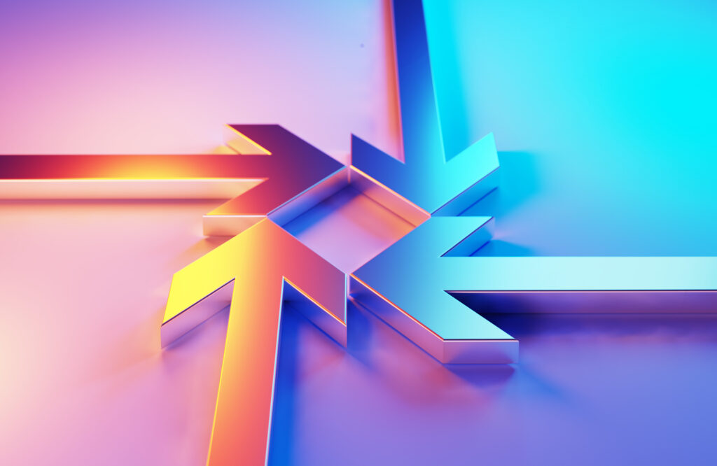 Metallic arrow symbols which are illuminated by blue and magenta lights merge on blue and magenta background