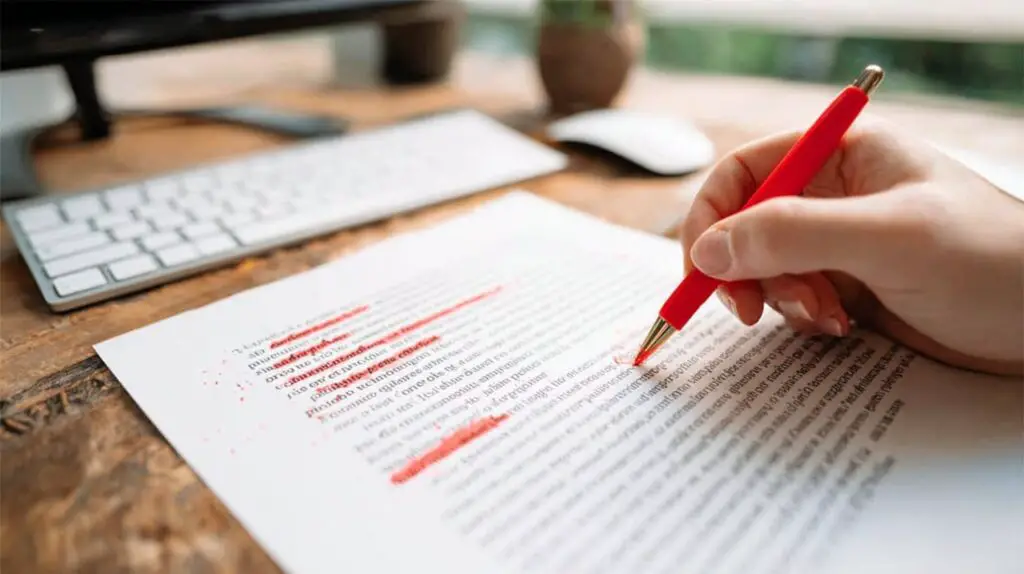 Side Hustle Ideas At Home To Make Extra Money 4 Proofreader's hand with red pen making corrections on a document; desk with computer in background.