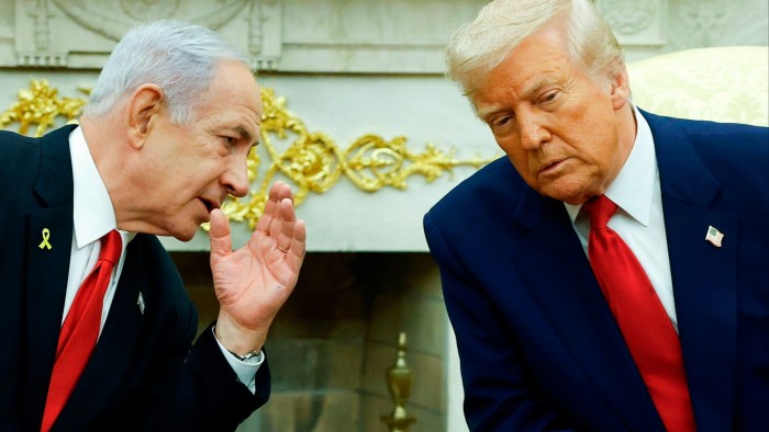 Israeli Prime Minister Benjamin Netanyahu, left, talks to US President Donald Trump during a meeting in the Oval Office of the White House on April 7 2025 in Washington
