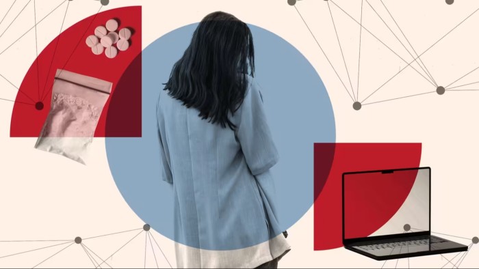 Montage of a girl, a laptop and packets of pills