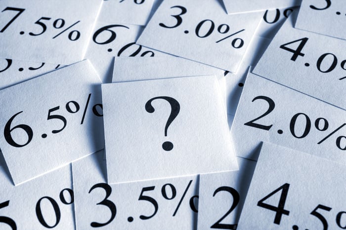 Pile of papers with percentages and one with a question mark.