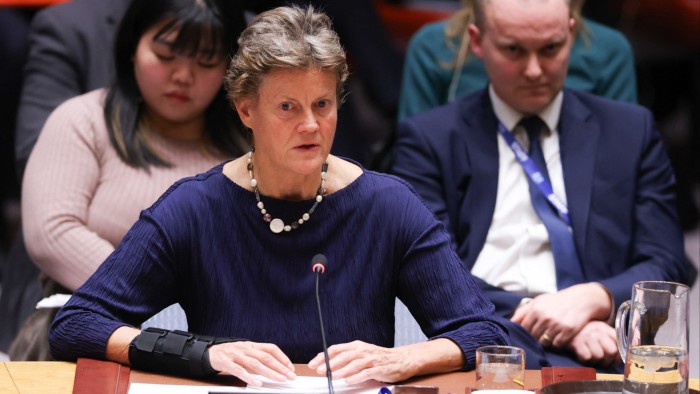 Barbara Woodward addressing the UN Security Council at a meeting in New York in February