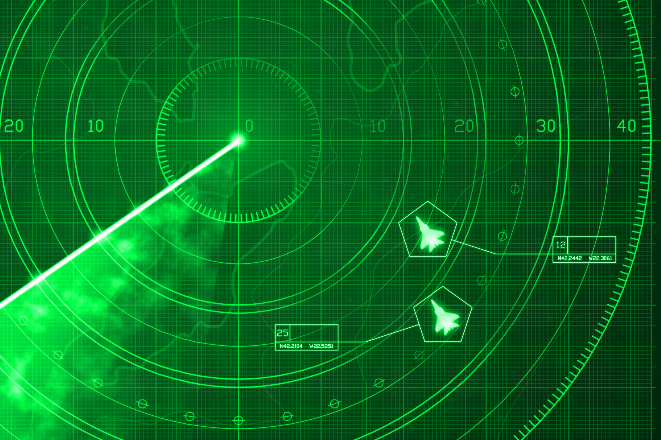 Two fighter jets icons identified and labeled on a radar simulation with green display, showing a glowing grid with coordinates and positioning numbers.
