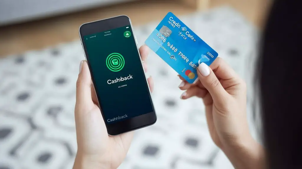 A hand holding a smartphone displaying a "Cashback" app and a blue credit card.