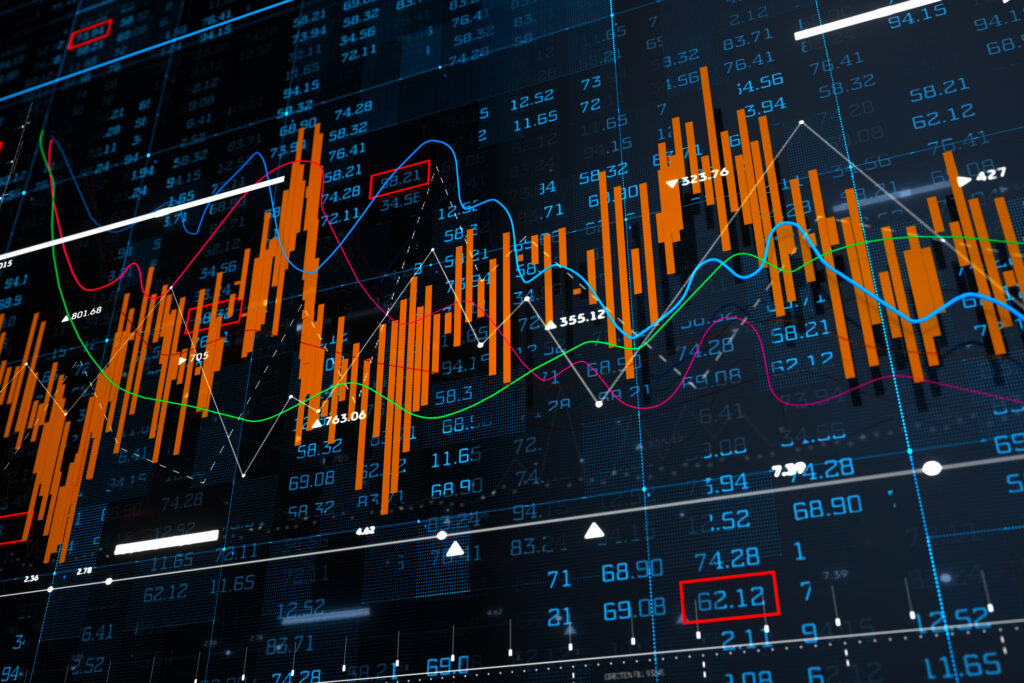 orange bars and blue and green moving averages superimposed over a ticker board