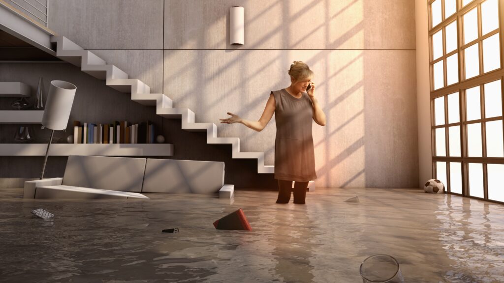 A woman talks on her cell phone while standing in her flooded house.