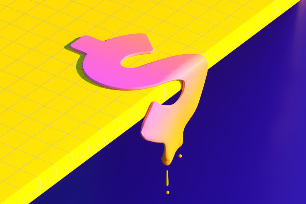 Digitally generated image of a melted multi-colored dollar sign slowly sliding off a vibrant yellow surface.