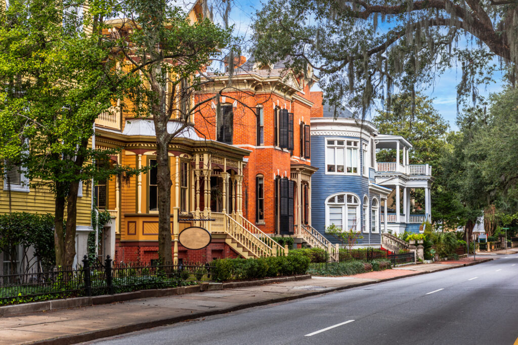 colorful buildings along historic downtown street in Savannah Georgia