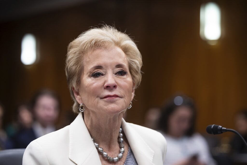 Education Secretary Linda McMahon testifies during an appropriations hearing on Capitol Hill June 3, 2025. (Francis Chung/POLITICO via AP Images)