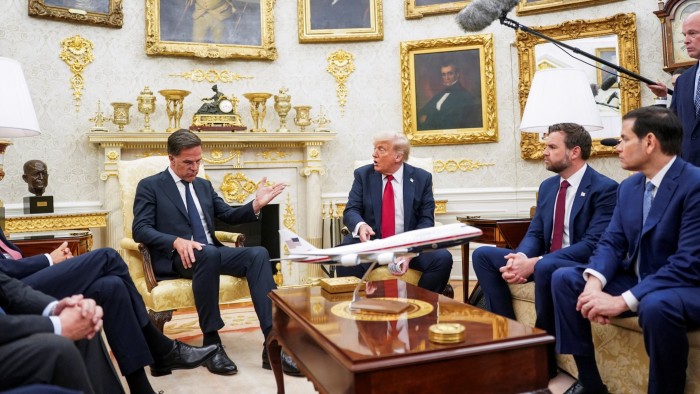 U.S. President Donald Trump, flanked by Vice President JD Vance and U.S. Secretary of State Marco Rubio, meets with NATO Secretary General Mark Rutte in the Oval Office at the White House in Washington, D.C., U.S., July 14, 2025.