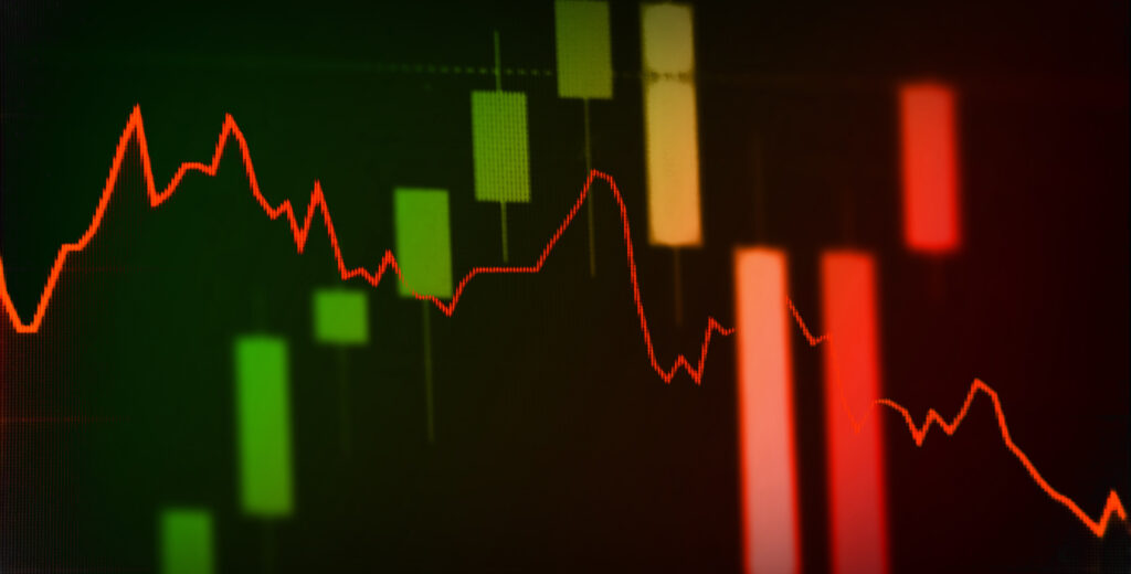red line graph trending lower green bars red bars