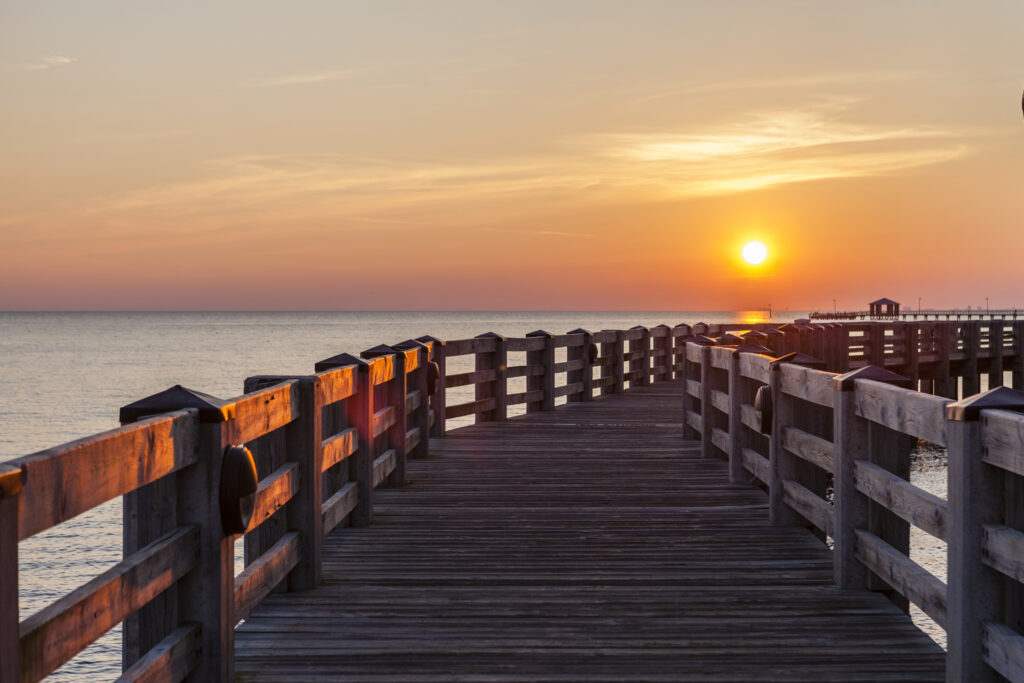 Sunset over the Gulf from a pedestrian bridge in Biloxi, Mississippi