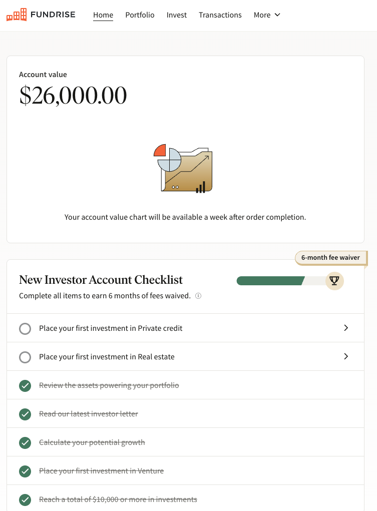 Fundrise new account fee waiver and $26,000 new investment for the $500 bonus
