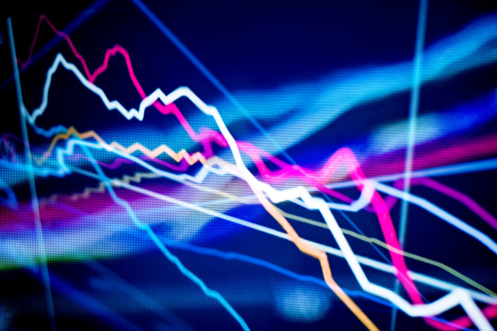 closeup of stock chart with multiple moving averages