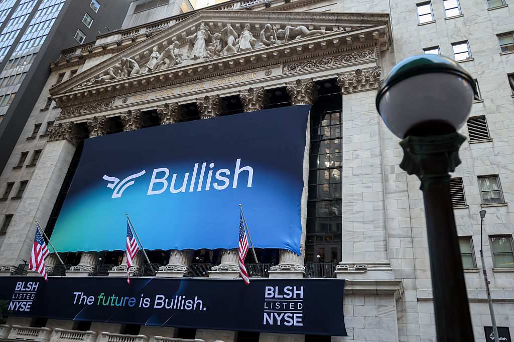 Bullish signage at the New York Stock Exchange during the crypto company's mid-August 2025 initial public offering