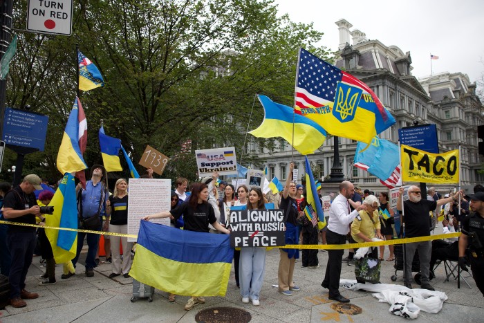 Ukraine supporters participate in a rally outside of the Eisenhower Executive Office Building near the White House ahead of the meeting between Ukrainian President Volodymyr Zelenskyy, European leaders and US President Donald Trump in Washington, DC, on August 18 2025