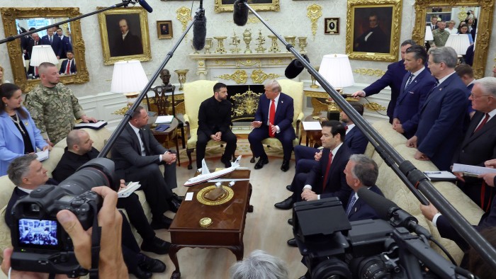 WASHINGTON, DC — AUGUST 18: US President Donald Trump meets with Ukrainian President Volodymyr Zelenskyy in the Oval Office at the White House on August 18 2025 in Washington, DC