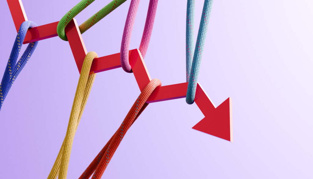 red arrow zigzagging lower, held up by multicolored ropes